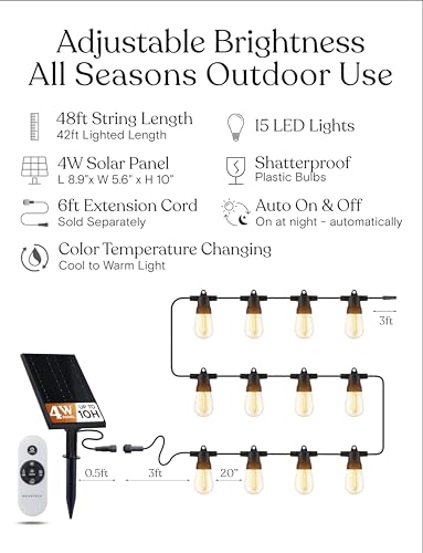 48 (42+6) FT Ambience Pro Outdoor Solar String Lights - Bright Remote Control Color Adjustable Solar Light - Commercial Grade, 15 Waterproof LED Bulbs for Patios, Camping, Yard, Outside (48 Foot)