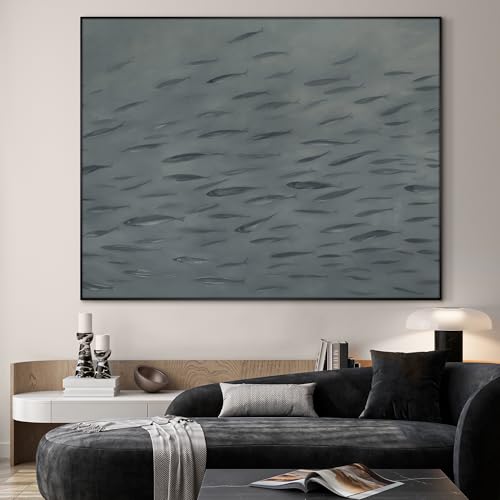 60"x72" Extra Large Framed Wall Art Gray School of Fish Minimalist Ocean