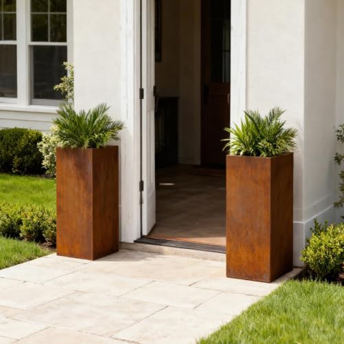 Corten Steel Tall Planter Box 14"x14"x30" Rusted Metal Spliced Planter
