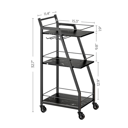 Bar Cart, 3-Tier Home Bar Serving Cart with Wheels, Drink Cart with Glass Holder, Beverage Cart, Rolling Kitchen Cart, for Home, Living Room, Marble Black and Black BC03BM