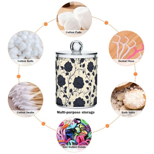 2 Pack Qtip Holder Organizer Dispenser Black Roses Tile Pattern Bathroom Storage Canister Cotton Ball Holder Container for Cotton Pads (2 Count)