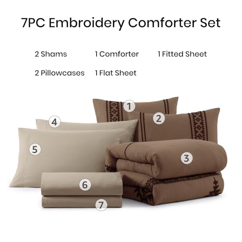 Embroidery Full Size Comforter Set 7 Pieces Brown Bed in a Bag