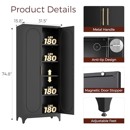 75" Tall White Storage Cabinet with Doors & 4 Adjustable Shelves