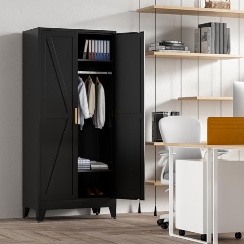 71'' Farmhouse Metal Wardrobe Cabinet with Hanging Rod