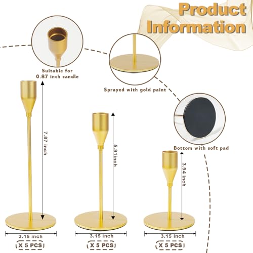 Matte Gold Candle Holders Bulk Painted Gold Metal Candlesticks Fit 0.8 Inch Taper Candles Decorative Metal Candelabra for Wedding Home Holiday Anniversary Party Dinning Table Decors (15 Count)