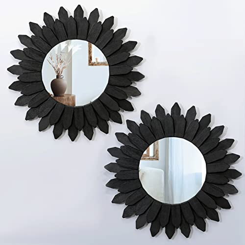 Boho Wall Decor Mirrors for Wall 2 Pack 12 inch Wood Decorative Mirror for Room Decor Rustic Farmhouse Mirror for Bedroom Bathroom Living Room Kitchen Black (2 Count)