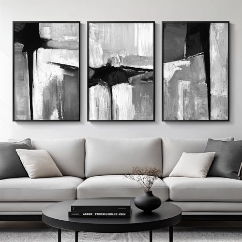 Large Framed Black White Gray Abstract Wall Art for Living Room