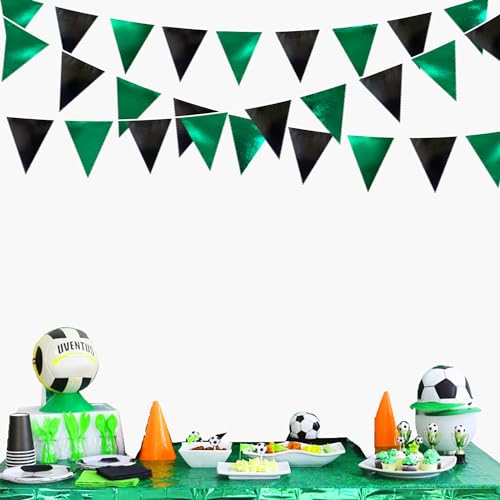 Black Green Party Decorations Metallic Fabric Triangle Pennant Banner Flag Bunting Garland for Video Game Soccer Birthday Graduations Wedding Bachelorette Halloween Outdoor Holiday Party Supplies (36 Count)