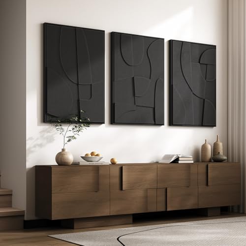 Large 3D Textured Modern Black Abstract Wall Art for Living Room (3 Count)