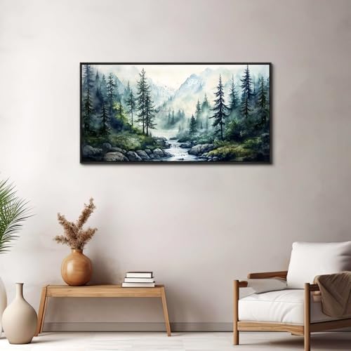 Large Black Framed Wall Decor For Living Room Canvas Wall Art For Office Modern Wall Decorations For Bedroom Misty Forest Painting Tree landscape Pictures Artwork Home Decor 24x48 In