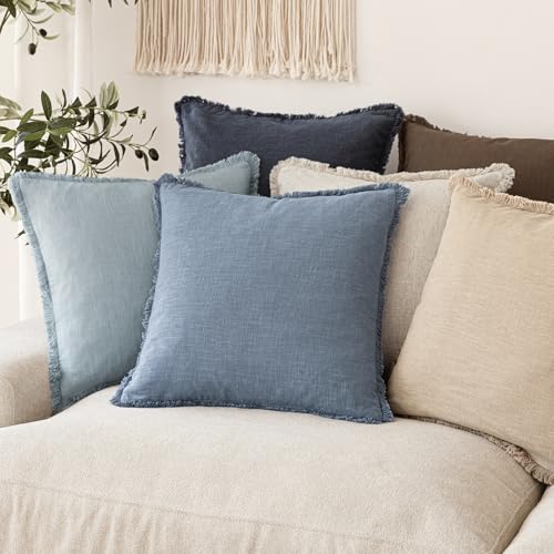Decorative Linen Fringe Throw Pillow Covers 18×18 Misty Blue (2 Count)