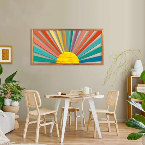 Large Boho Sun Wall Art Framed Wooden Art Wall Decor Colorful Rainbow Geometric Line Sunshine Artwork for Living Room Bedroom Office 16x32 Inch