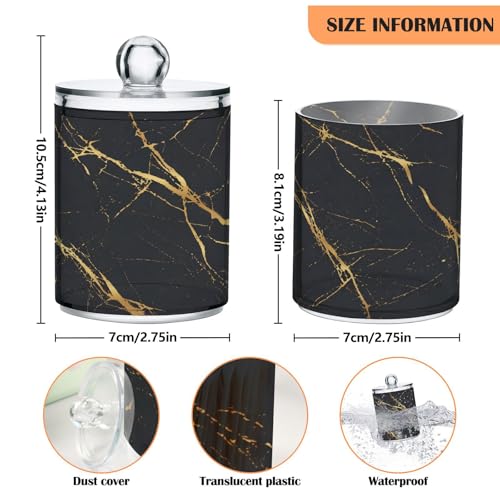 2 Pack Qtip Holder Organizer Dispenser Gold Black Marble Texture Bathroom Storage Canister Cotton Ball Holder Container for Cotton Pads (2 Count)