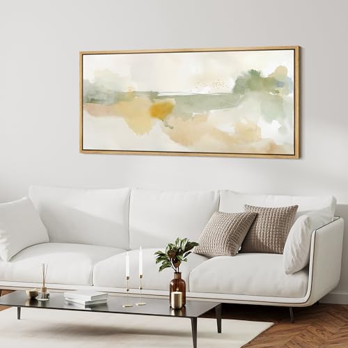 Extra Large Framed Canvas Print Wall Art Serene Watercolor Landscape in Green and Yellow Tones Antique Retro Fine Art Illustrations Decorative Colorful for Bedroom