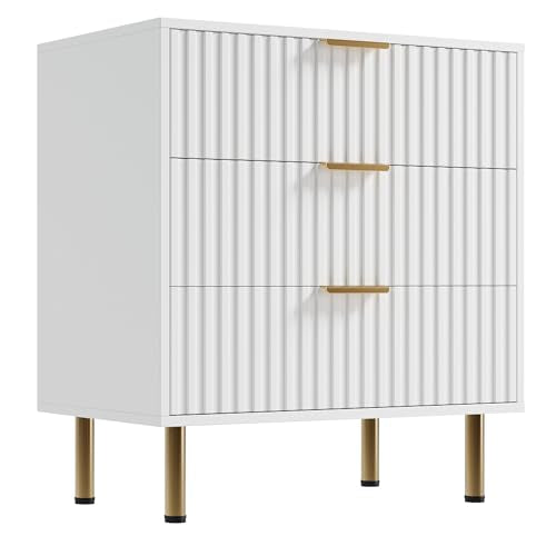 Fluted White 3 Drawer Dresser for Bedroom with Deep Drawers