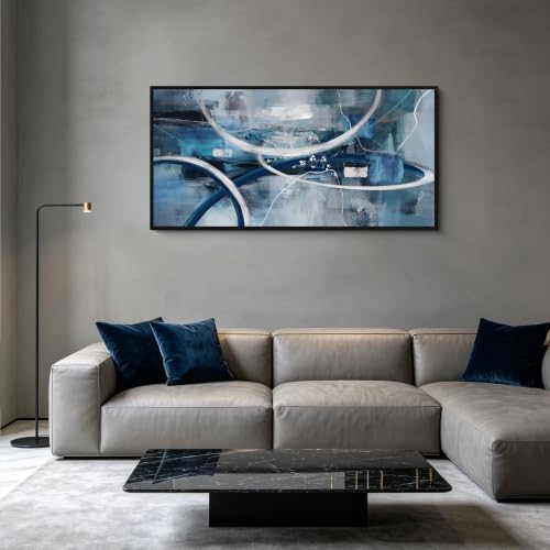 Blue Abstract Wall Art Modern Neutral Fluid Painting with Thin Black Frame