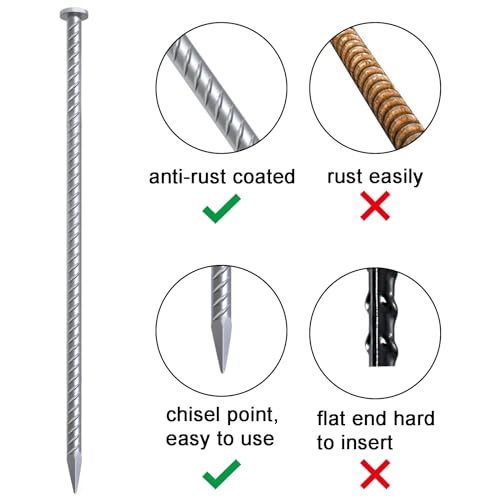 Rebar Stakes 16 Inch Galvanized Metal Steel Ground Spikes Heavy Duty (12 Count)