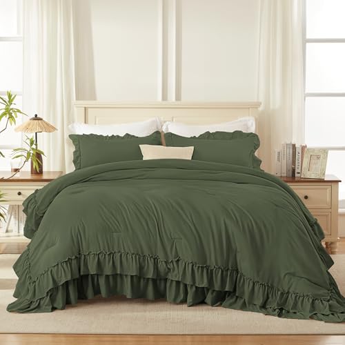 Olive Green Ruffle Full Size Comforter Set