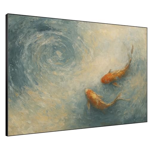 36"x46" Extra Large Framed Wall Art Koi Fish Swirl Tranquil Water Illustration for Home Living Room Bedroom Decor