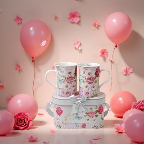 Elegant Bone China Two Coffee Mugs set in floral design (2 Count)