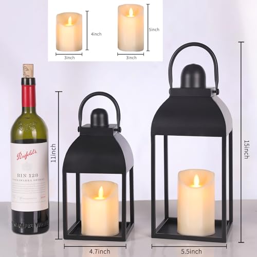 Lanterns Decorative Indoor 15" 11" Set of 2 Black Metal Lantern with Candle (2 Count)