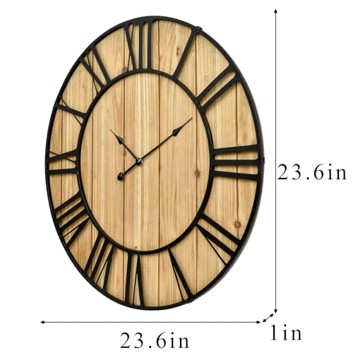 Large Farmhouse Wall Clock 24 Inch Vintage Brown Wooden Wall Clock with Quiet Ticking and Minimalist Roman Numerals for Bedroom Living Room Office Kitchen Home Decor
