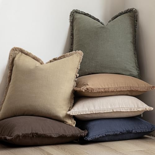 Decorative Linen Fringe Throw Pillow Covers 18×18 Reddish Brown (2 Count)