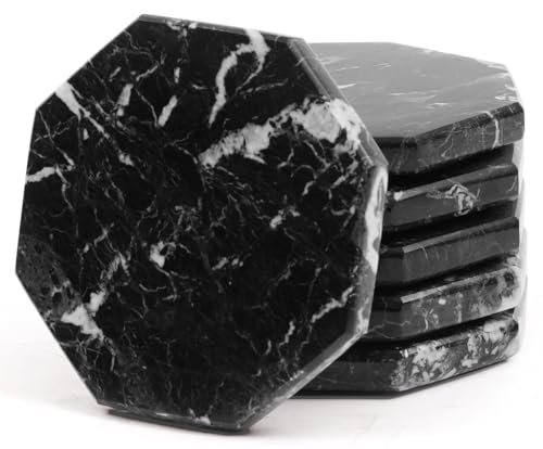 Marble Coasters Set of 6 Black Drink Coasters for Table Decor