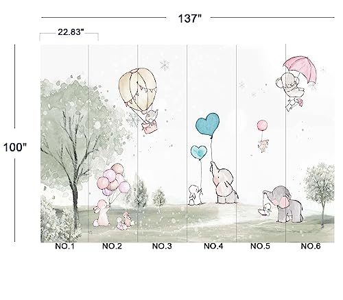 Cartoon Elephant Rabbit Balloon Nursery wall Mural Wallpaper 137" x 100" (95.12 Sq Ft)