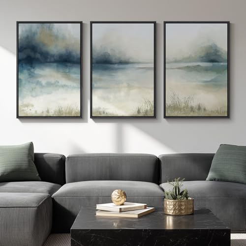 Large Framed Blue Abstract Landscape Wall Art (3 Count)