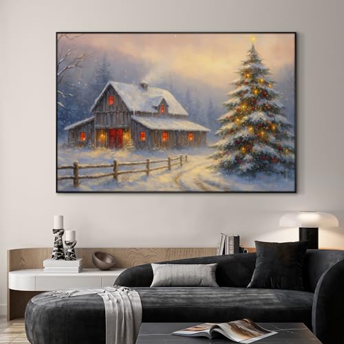 46"x72" Extra Large Framed Wall Art Rustic Winter Cabin with Christmas Tree and Snowy Landscape for Home Living Room Bedroom Decor