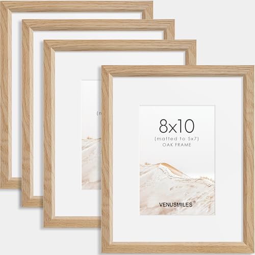 8x10 Picture Frame Set of 4 Natural Solid Oak Photo Frames with 5x7 Removable Mat Wall Hanging Large Handcrafted Frame with HD Plexiglass Wall and Tabletop Display Large Poster Frame (4 Count)