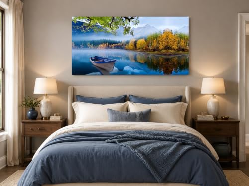 Lake Canvas Wall Art Landscape Blue Boat Painting Framed Large 48x24