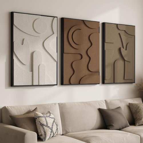 Large 3D Textured Framed Neutral Abstract Wall Art for Living Room (3 Count)