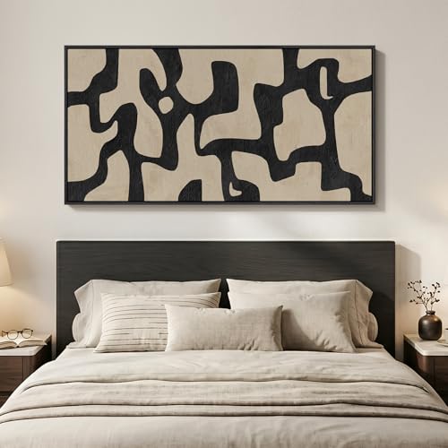 Large Framed Black and Beige Neutral Abstract Wall Art
