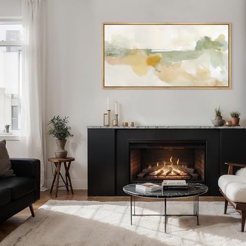 Extra Large Framed Canvas Print Wall Art Serene Watercolor Landscape in Green and Yellow Tones Antique Retro Fine Art Illustrations Decorative Colorful for Bedroom