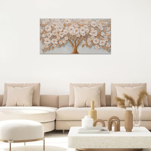 Canvas Wall Art Decor Gold Tree of Life Canvas Art Wall Decor For Living Room Modern Botanical Decor Nature White Flower Wall Art Floral Tree Artwork For Walls Bedroom Home Office Wall Decor 20"×40"