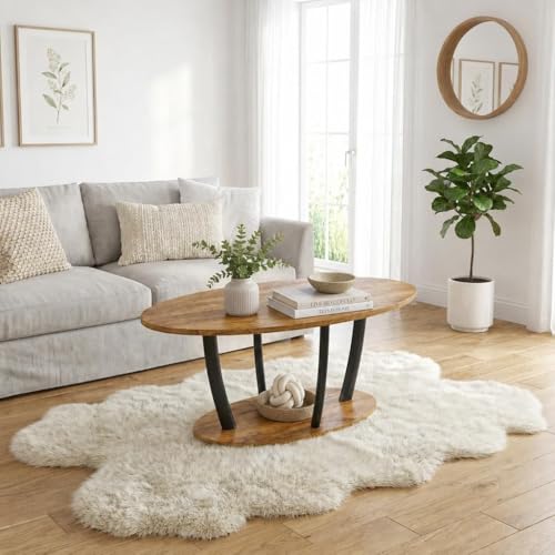 Rustic Oval Coffee Table with Storage Shelf