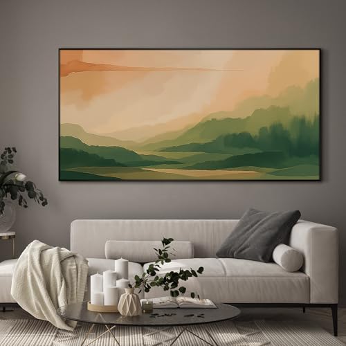 36"x72" Extra Large Framed Wall Art Serene Green Mountains Horizon Landscape Illustration for Home Living Room Bedroom Decor