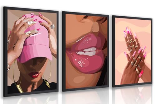 Wood Framed Fashion Pink Black Girl Wall Art Set of 3 (3 Count)