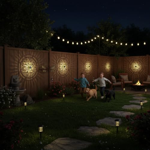 2 Pack Solar Fence Lights Metal Solar Powered Outdoor Wall Deck Step Lights Tree Theme Waterproof Fence Light for Garden Post Patio Backyard Yard Decor (2 Count)