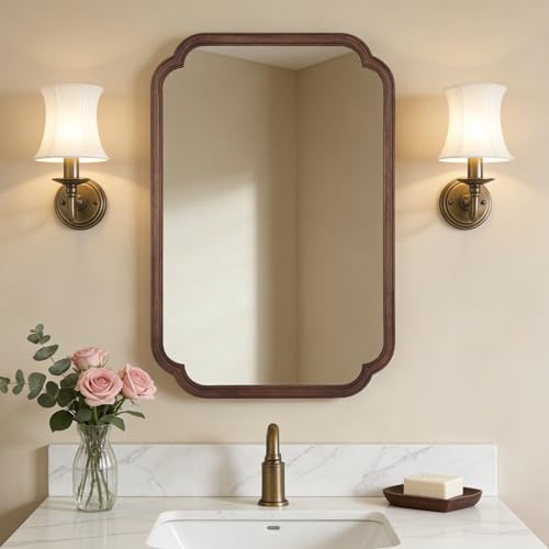 Wood Bathroom Mirror for Wall Mounted with Rounded Corner Wood Frame for Entryway