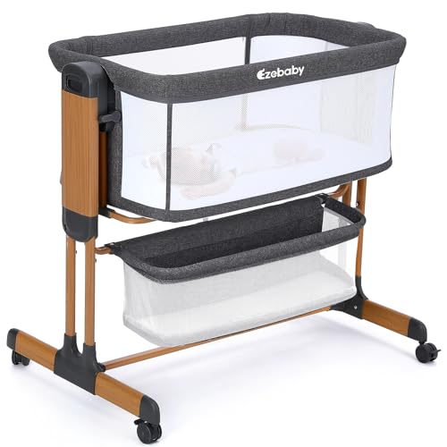 3-in-1 Baby Bassinet, Rocking Baby Bassinets Bedside Sleeper, Adjustable Portable Crib for Newborn Infant with Wheels Storage Basket and Mesh Sides