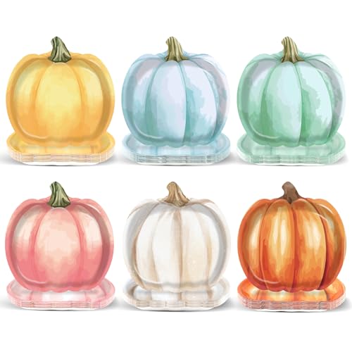 60Pcs Thanksgiving Pumpkin Paper Plates Autumn Fall Party Decoration Tableware Set Watercolor Disposable Dinnerware Pumpkin Shaped Dessert Dish for Harvest Halloween Birthday Baby Shower Supplies (60 Count)