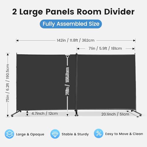 2 Large Panels Room Divider on Lockable Wheels (2 Count)