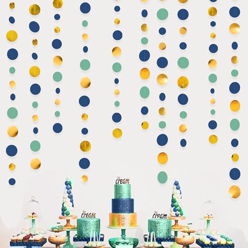 Blue Gold Green Decorations Circle Dots Garland Metallic Gold Navy Blue with Sage Green Hanging Polka Dot Streamer for Birthday Bridal Shower Wedding Bachelorette Engagement Party Supplies