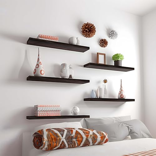 24 Inch Floating Shelves for Wall Rustic Brown Wood Wall Shelves for Bedroom Set of 4 (4 Count)