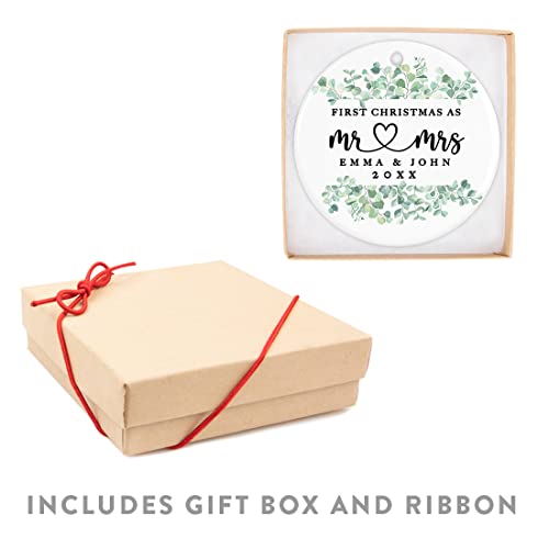 Personalized Our First Christmas As Mr. & Mrs. 2026 Christmas Ornaments Greenery Eucalyptus 2.8" Round Porcelain Ceramic 1st Year Married Custom Ornament Keepsake for Newlyweds 1
