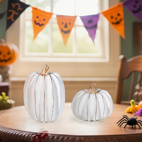 2Pcs Halloween Pumpkin Artificial Resin Pumpkins Decor for Mantel Harvest Autumn Tabletop Decoration Gold Fall Pumpkin Decorations Thanksgiving Table Centerpieces (2 Count)