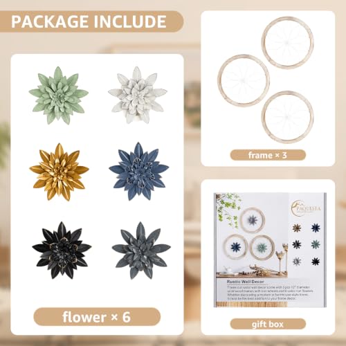 3 Piece Round Farmhouse Wall Decor with 6 Piece Interchangeable Flowers 15.75'' Medallion Wood & Metal Rustic Wall Art for Living Room Bedroom Kitchen Bathroom Dining Room Home Decorations